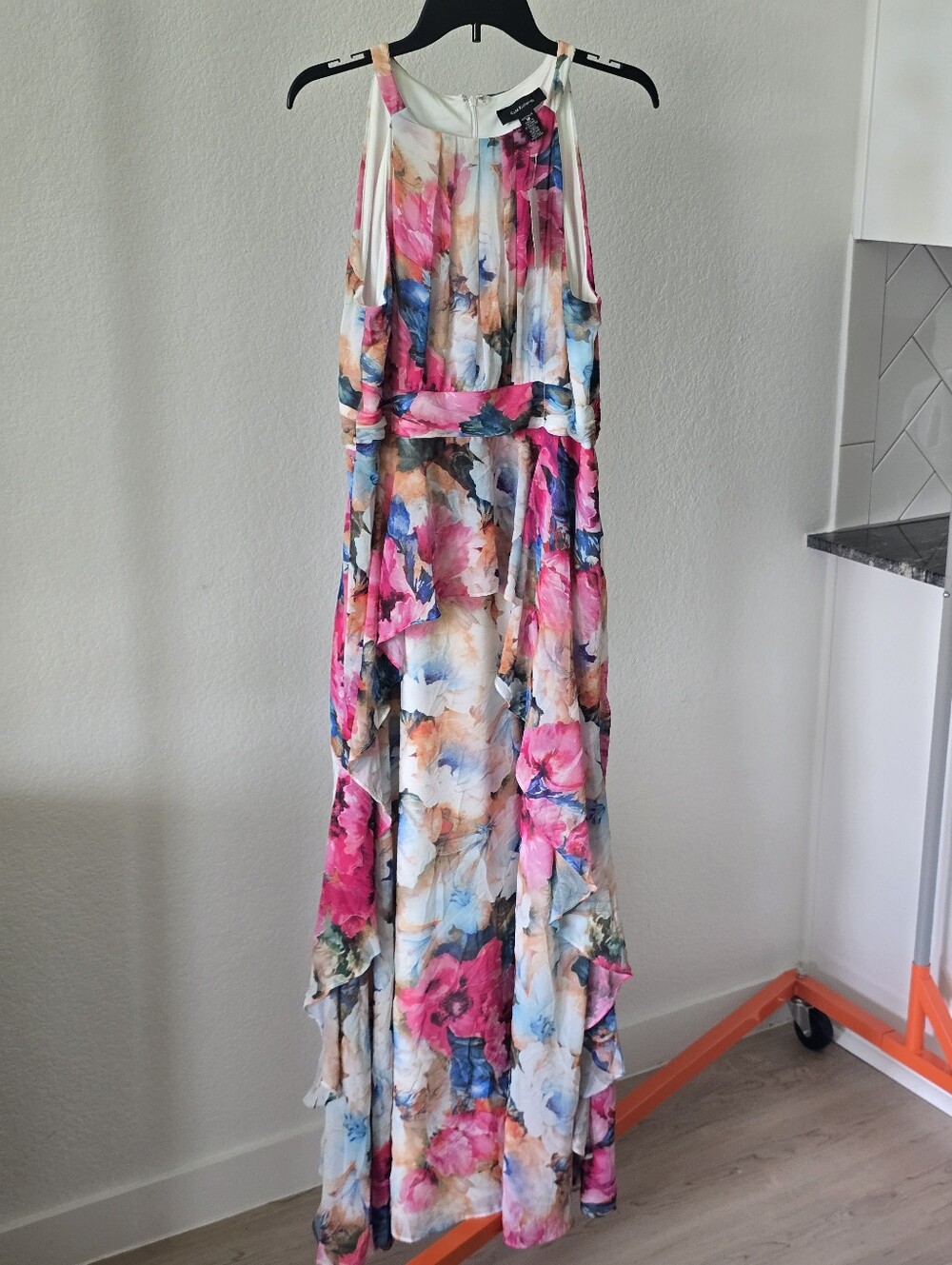R&M Richards Floral Watercolor Maxi Dress Size 16 High Low Ruffle Formal $139 - Picture 3 of 11